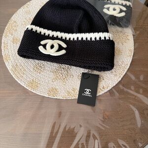 CHANEL Black and White Logo Beanie
